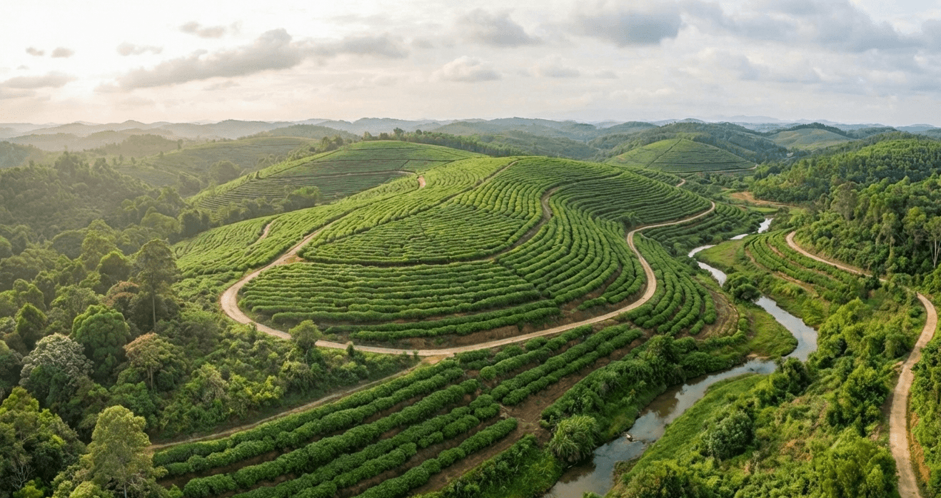Aerial view of Indonesian essential oil farm terraces
